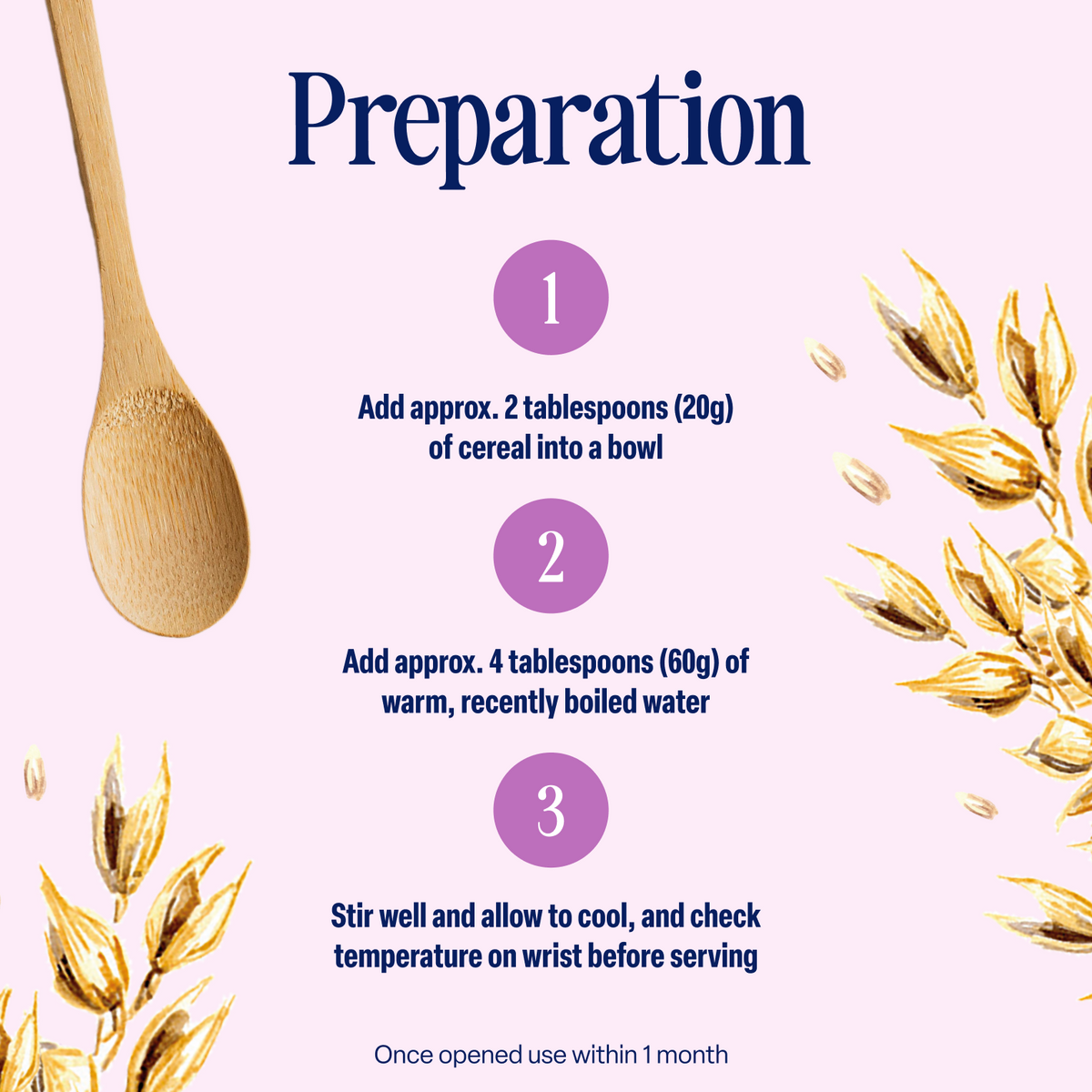 A wooden spoon rests next to step-by-step instructions for preparing the 5-Pack Apple and Blackcurrant Baby Porridge (6+ months) with warm water. Decorative oat illustrations frame the text on a light purple background. Made from high quality grains with no added sugar.