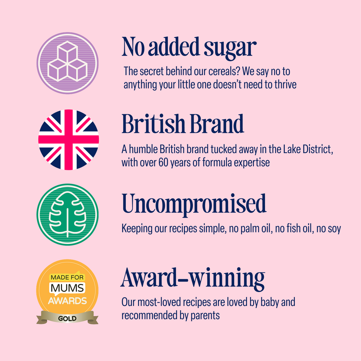 Infographic featuring icons and text: No added sugar, British Brand, Uncompromised, and Award-winning, highlighting the 5-Pack Creamy Baby Porridge (6+ months) with brief descriptions about its creamy oat quality, UK origin, natural ingredients, and gold award recognition from mums.