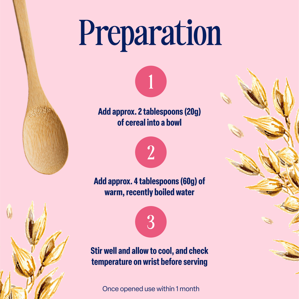 A pink background displays a wooden spoon, oat graphics, and step-by-step instructions for preparing the 5-Pack Creamy Baby Porridge (6+ months): add cereal, pour in water, and stir. Text highlights the importance of checking temperature before serving this no added sugar option.