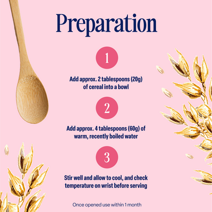 A pink background displays a wooden spoon, oat graphics, and step-by-step instructions for preparing the 5-Pack Creamy Baby Porridge (6+ months): add cereal, pour in water, and stir. Text highlights the importance of checking temperature before serving this no added sugar option.