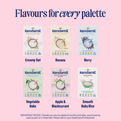 Five boxes of Kendamil Creamy Baby Porridge (6+ months) arranged in two rows, featuring flavors such as Creamy Oat porridge, Banana, Berry, Vegetable Bake, and Apple & Blackcurrant on a pink background with the text “Flavours for every palette.” These porridges contain no added sugar.