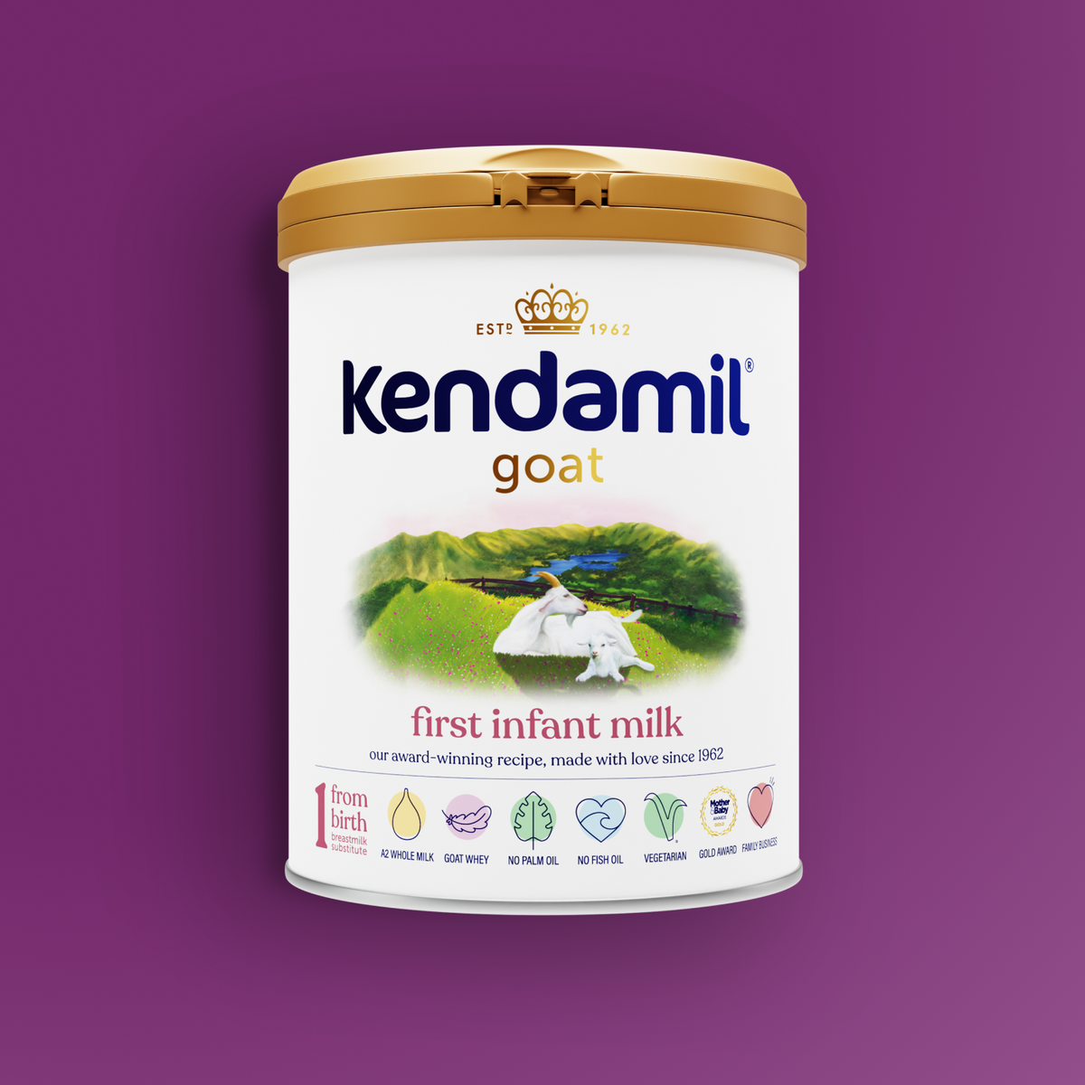 A can of Kendamil Goat First Infant Milk with a gold lid, featuring an illustration of goats in a field and icons indicating suitability from birth, no palm oil, no fish oil, vegetarian-friendly, and full cream nutrients.