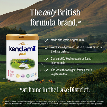 A tin of Goat First Infant Milk is pictured in front of a scenic, grassy Lake District landscape with grazing sheep, promoting its British origin, A2 goat milk, GOS, and vegetarian ingredients.