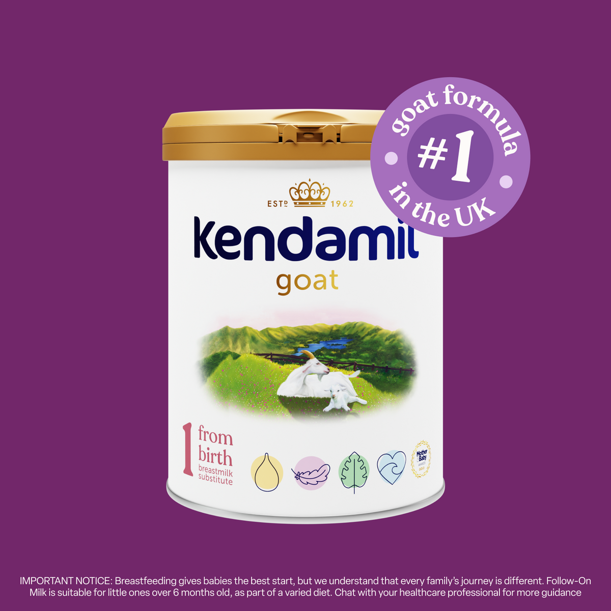 A tin of Goat First Infant Milk, the #1 goat formula in the UK, is displayed on a purple circle. The tin features a goat illustration on a scenic background, with a breastfeeding notice at the bottom.
