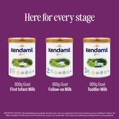 Three tins of Kendamil Goat First Infant Milk formula, labeled 1, 2, and 3 for infants, follow-on, and toddlers, are displayed on a purple background with the text “Here for every stage” above them.