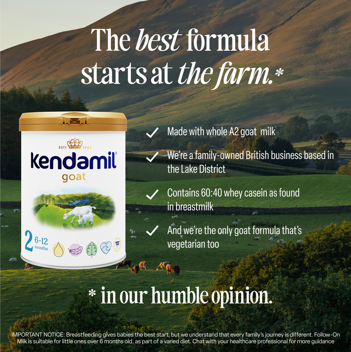A container of Goat Follow-On Milk sits in a green field with hills and sheep in the background. Text highlights its carefully selected ingredients, British heritage, resemblance to breastmilk, and that it’s crafted with whole A2 goat milk for superior infant nutrition.