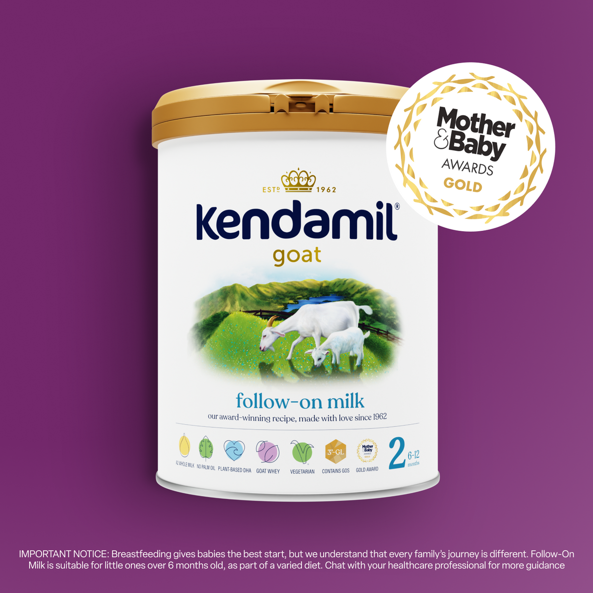 Goat Follow-On Milk tin displayed against a purple background, featuring two goats, prominent award badges, and a gold Mother & Baby Awards sticker. The bottom text provides breastfeeding guidance and emphasizes support for infant nutrition with whole A2 goat milk.