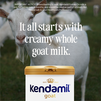 A goat stands in a green field behind a container of Goat Toddler Milk, with the text “It all starts with creamy Whole A2 Goat Milk” and a breastfeeding notice at the top, highlighting gentle digestion.