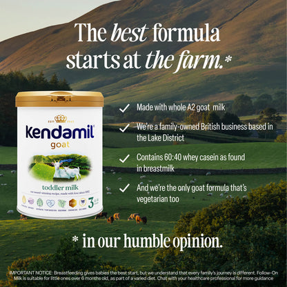 A container of Goat Toddler Milk sits on grass with hills behind it. Text highlights its whole A2 goat milk, British origin, gentle digestion, casein profile similar to breastmilk, and that it’s the only vegetarian goat milk formula.