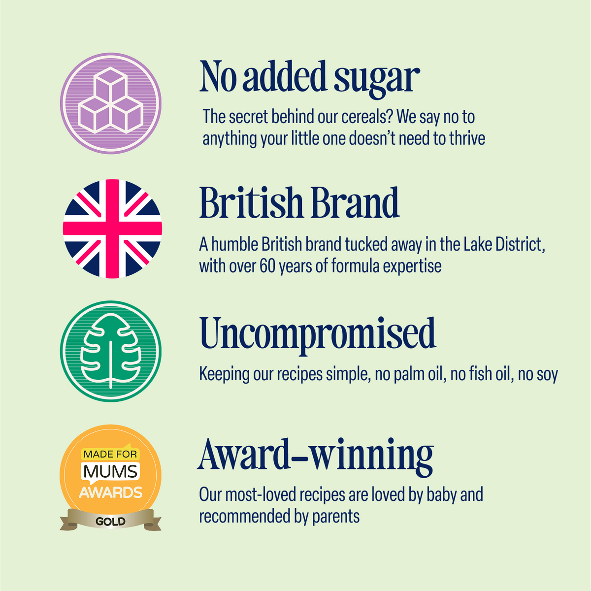 Infographic showcasing icons and four key claims for the 5-Pack Cauliflower, Broccoli and Tomato Bake (6+ months): No added sugar, British Brand, Uncompromised Quality, and Award-winning. Each claim is paired with a brief description and matching symbol on a light background, emphasizing that this veggie-friendly baby cereal bake is suitable for little ones from 6 months onwards.