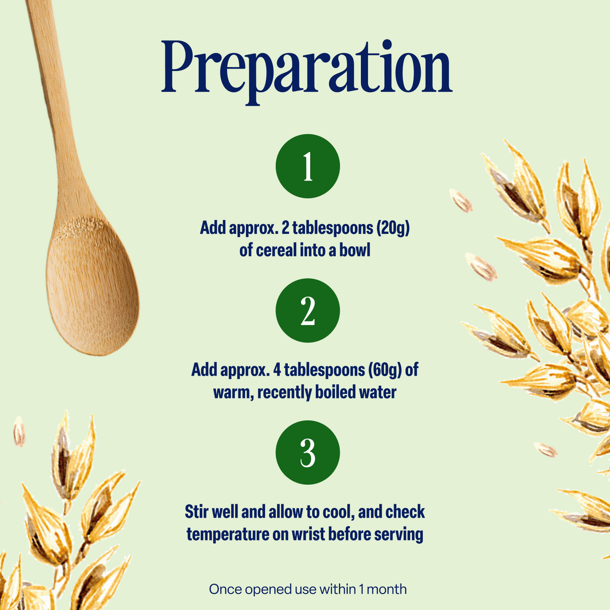 A preparation guide featuring a wooden spoon and vegetable graphics explains how to prepare 5-Pack Cauliflower, Broccoli and Tomato Bake (6+ months) baby cereal: add 2 tbsp cereal, 4 tbsp warm water, stir well, let cool, and check temperature before serving. Perfect for families seeking a veggie-friendly option.