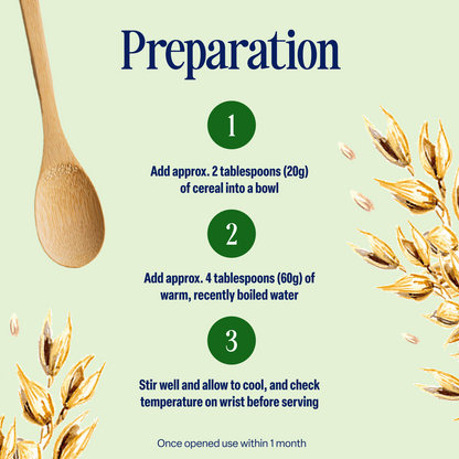 A preparation guide featuring a wooden spoon and vegetable graphics explains how to prepare 5-Pack Cauliflower, Broccoli and Tomato Bake (6+ months) baby cereal: add 2 tbsp cereal, 4 tbsp warm water, stir well, let cool, and check temperature before serving. Perfect for families seeking a veggie-friendly option.